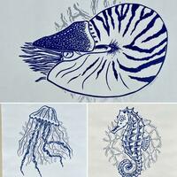 Nautilus, jellyfish and seahorse 2 block Lino prints in blue and silver