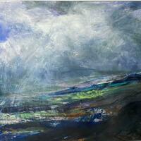Shower over Welsh mountains. Mixed media painting by Marie Calvert