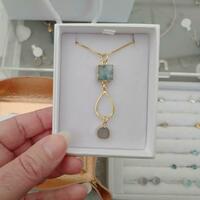 Gold filled charm necklace with pale green and grey sparkling drusy quartz