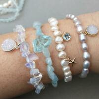 A selection of beaded bracelets with opalite, drusy quartz, aquamarine, sea glass, freshwater pearl and sky blue topaz