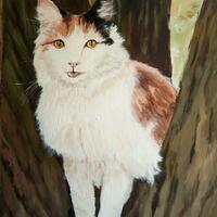 Moppet in willow tree.  Acrylic on board.  A very mischievous and loveable cat, she shared our lives for 16 years.