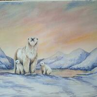 Polar Bears at Sunset.  Watercolour on paper