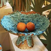platter on pedestal, stoneware, dry blue glaze