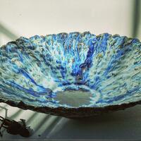 large platter, stoneware, blue glazes, blue glass