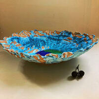 platter, stoneware, dry blue glaze, glass