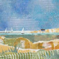 Blakeney Point by Sarah Beaman. Hand printed papers; collage and papercuts. Image size 10 x 10cm. Framed. £45