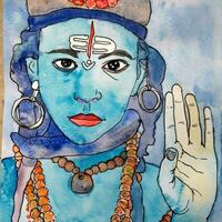 Boy representing Krishna, liner pen and coloured inks