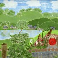 Hills, Pond and Hobbit Hole, original artwork by Sheila C Robinson