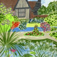 Medieval House, Pond and Garden, original artwork by Sheila C Robinson