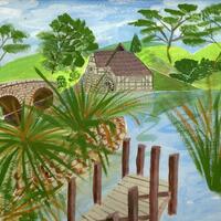 Mill, Bridge and Pond in Hobbiton, original artwork by Sheila C Robinson