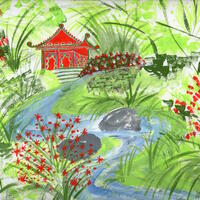 Red pagoda in garden original artwork by Sheila C Robinson
