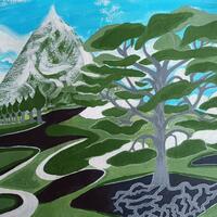 Tolkien inspired tree and snowy mountain original artwork by Sheila C Robinson