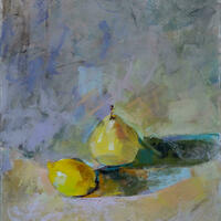 "Still life with lemon and pear", Dry pastels on paper, Size: 42.0 x 59.4 cm.