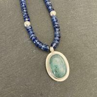 Green apatite pendant with blue apatite beads