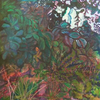 Acrylic painting of rough undergrowth and shrubs with slivers of light coming through from behind.