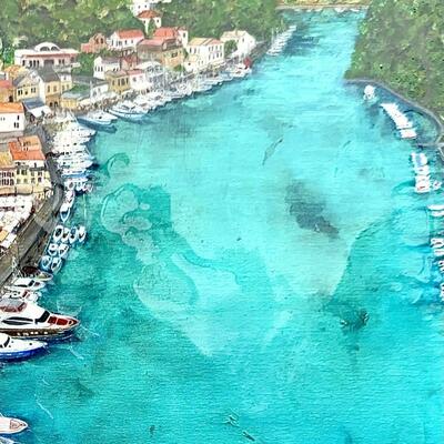 Artwork in mixed media, with a beautiful resin pour to seal and shine. I was so amazed by the clear colours of the sea and the vibrant streets of Paxos, that it opened up a world of vibrant colours.