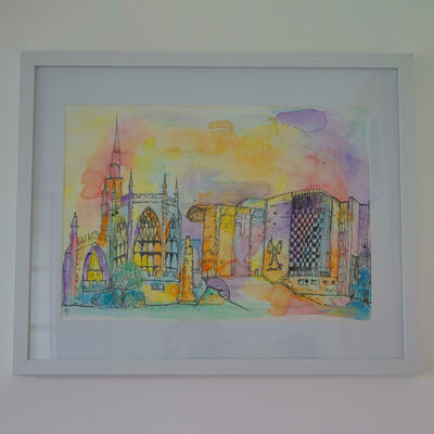 Rainbow coloured watercolour and ink painting of Coventry Cathedral