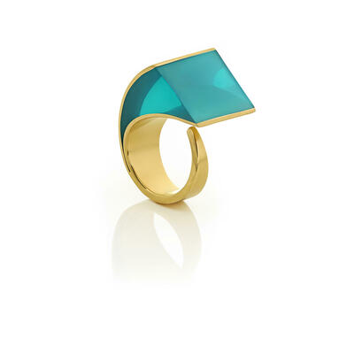 Show stopping statement ring in sterling silver with 22 carat gold plating and glowing sea blue resin. From the U.FO (unique finger ornaments) Collection by Stephanie Holt 