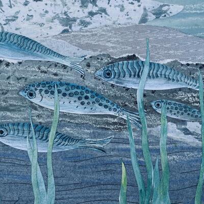 A5 Collage, Fishes and Reeds, patterns under waterr 