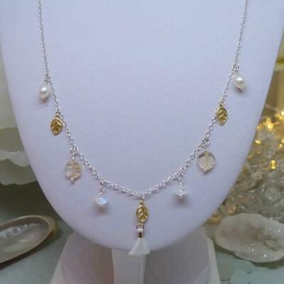 Sterling silver multi charm necklace with citrine, freshwater pearls, rainbow moonstone and gold vermeil leaf charms