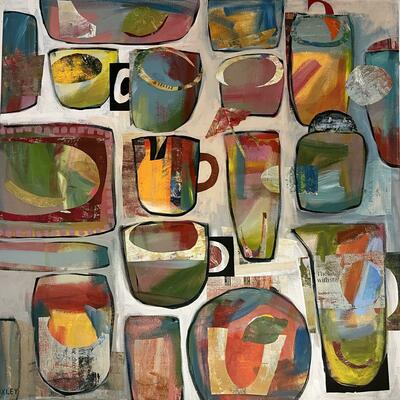'The Cubans Hit The Floor' 100x100cm, Mixed Media Painting. Inspired by social gathering and tables ready for a party! Semi-abstract still life, pots and vessels.