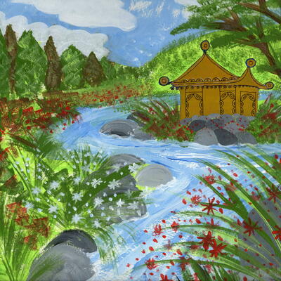 Golden Pagoda by River, original acrylic painting by Sheila C Robinson