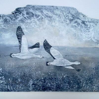 Two Snowgeese, flying, seascape
