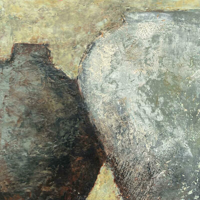 Tempus Erat. Roman pots. Oil and cold wax on cradled panel.
