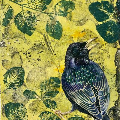 Starling - gelatine mono print and paint on paper 