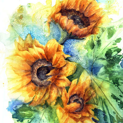 'Sunflowers', painted in watercolour with printed sunflower leaves