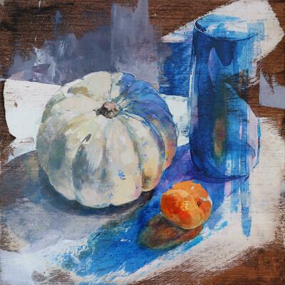 Apricot with Bristol blue, oil on board