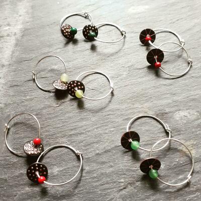 Silver hoop earrings with recycled copper and semi precious gemstones