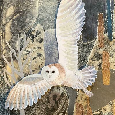 A4 Barn Owl. Collage, and mixed media