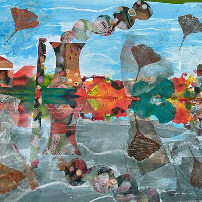 French canal reflections on a  windy day. Collage, inks, print and decalcomania