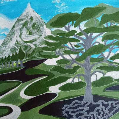 Tolkien inspired tree and snowy mountain original artwork by Sheila C Robinson