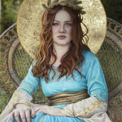 A pre raphaelite inspired picture of a girl, wearing a turquoise dress, seated on a wicker throne with a gold halo.