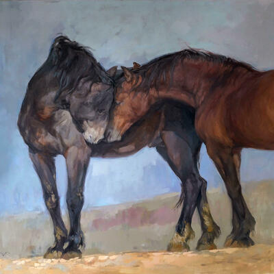 "Home", Oil on canvas, Size: 90 x 90 cm, This work came from my heart because it is about the wild mustangs of the McCullough Peaks herd and the terrible plan by which they are treated as pests! 