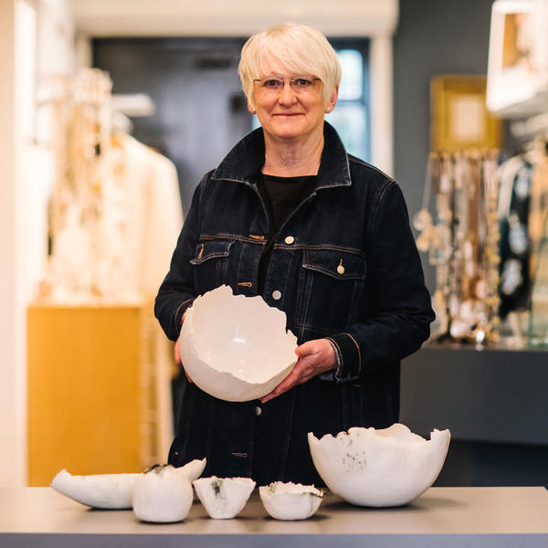 Avril leigh with porcelain bowls.