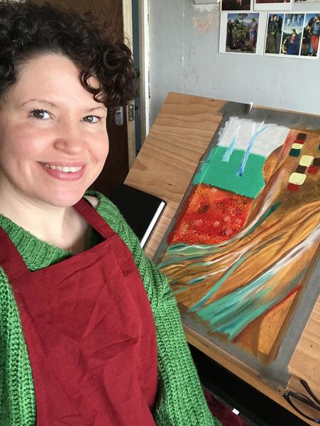 Me in my studio while creating the Tree of Life painting.