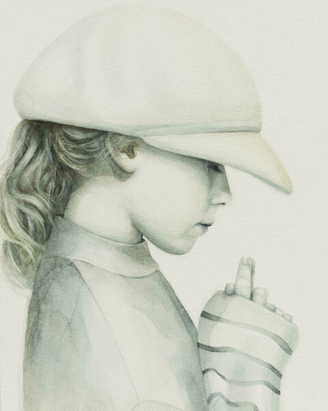 Watercolour Portrait Painting of Girl in Baker Boy Hat