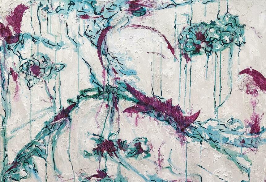 WINTER 4: ADVENTURES IN WIND AND WATER (abstract mixed media painting in white, blues and magentas