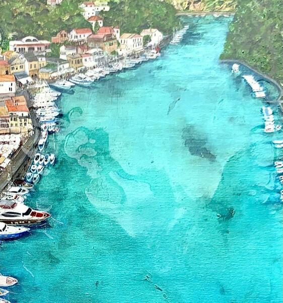 Artwork in mixed media, with a beautiful resin pour to seal and shine. I was so amazed by the clear colours of the sea and the vibrant streets of Paxos, that it opened up a world of vibrant colours.