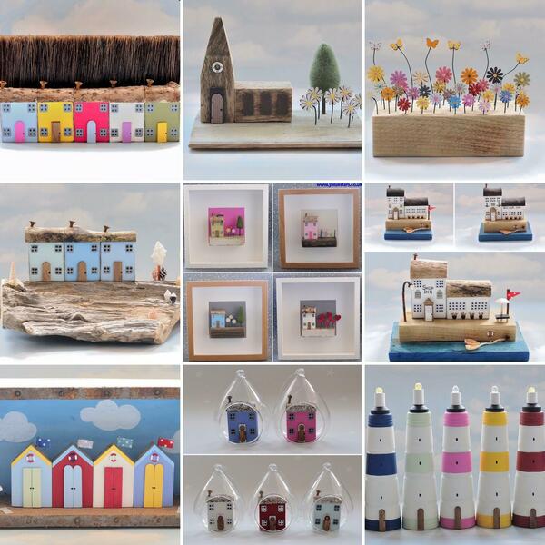 Little wooden cottages, beach huts and scenes