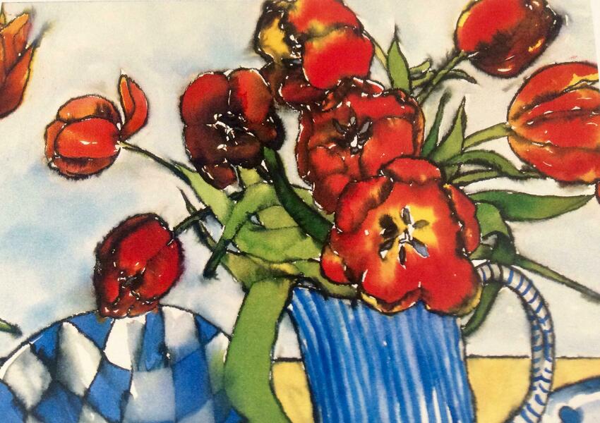 Tulips and blue pots