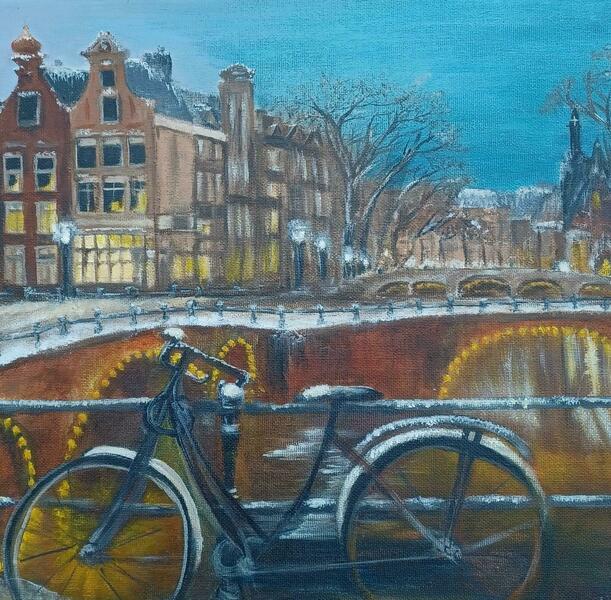 We are a group of 9 developing artists this is one example of our work Winter Evening in Amsterdam - acrylic on canvas board
