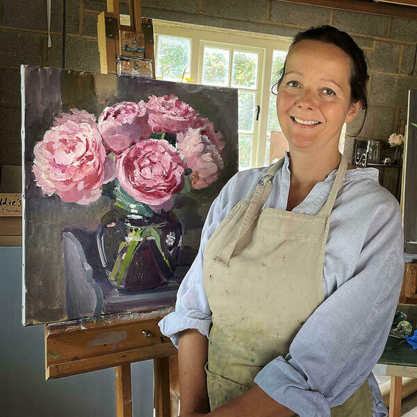 Lizzie Bentley Oil Painting peonies at work