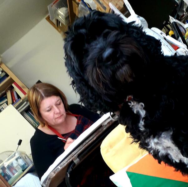 Sarah howarth Mixed Media artist - working with her dog 