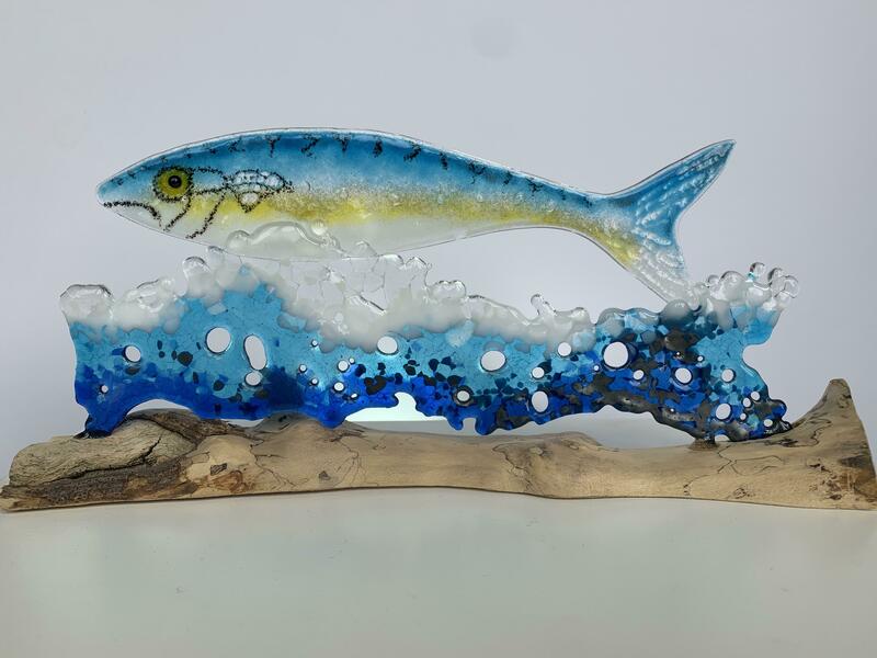 Fused glass fish and sea