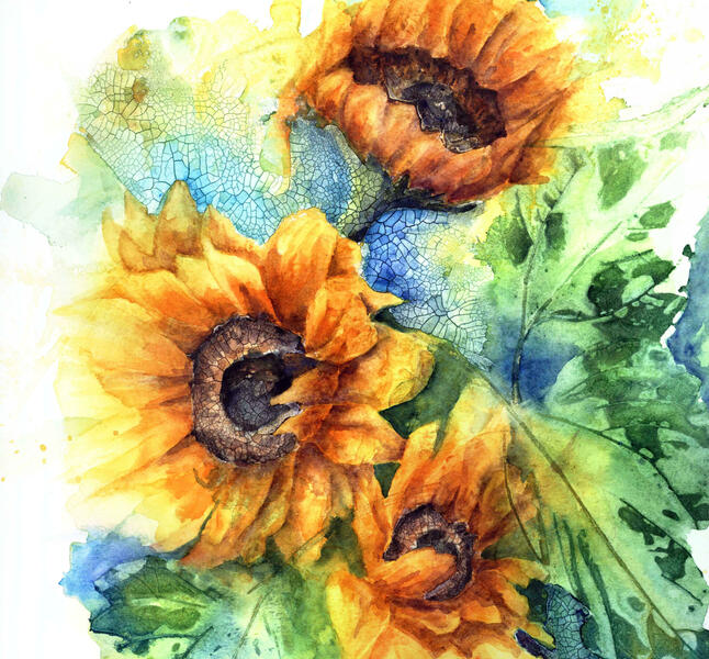 'Sunflowers', painted in watercolour with printed sunflower leaves