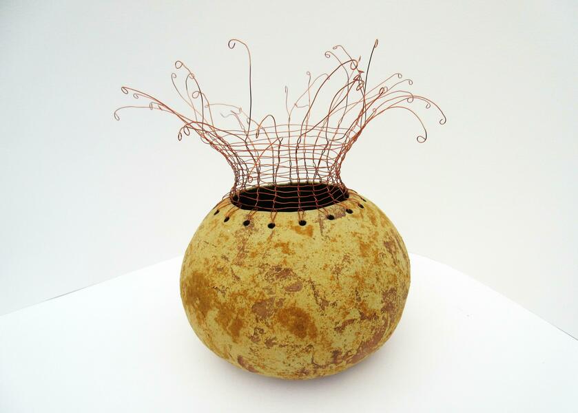Stoneware bowl with copper wire weaving
